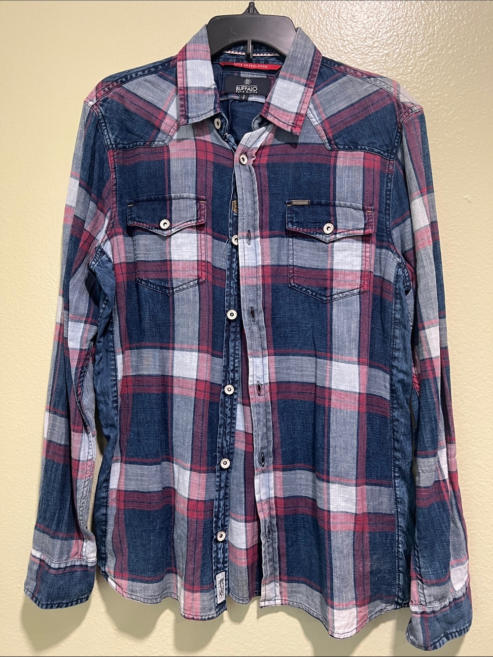 Buffalo David Bitton Blue, Burgundy & White Plaid Western Shirt